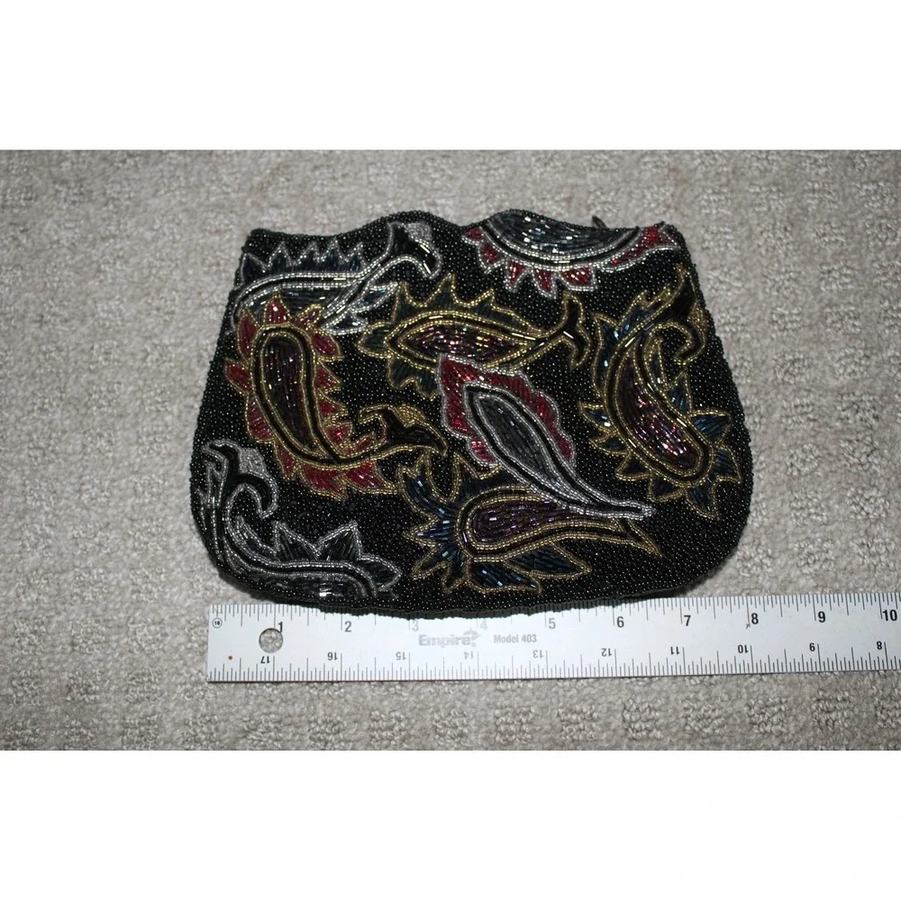 VTG Carolyne Barton Beaded Paisley Clutch Evening‎ Bag Black Red Gold